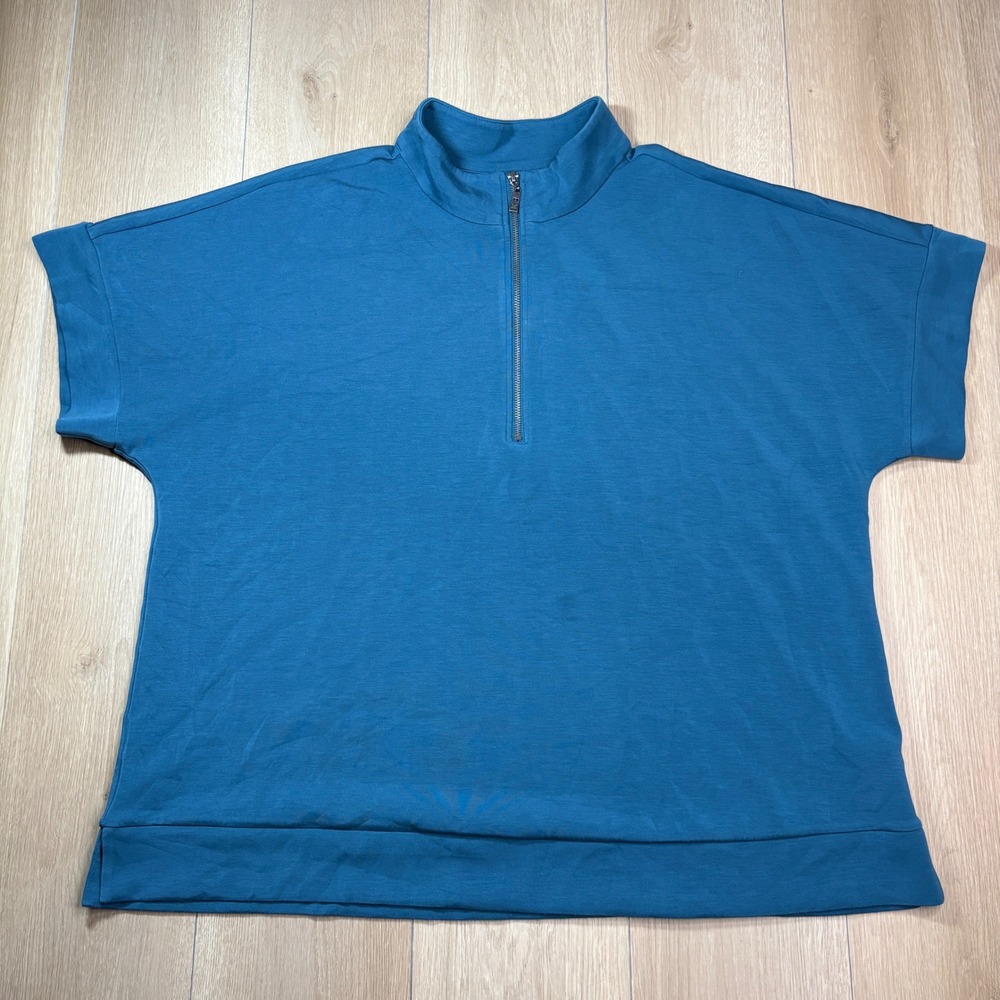 Belle by Kim Gravel 2X ScubaLuxe Teal Blue 1/4 Zip Mock Neck Short Sleeve Top